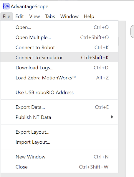 AdvantageScope file menu with the "Connect to Simulator" option highlighted.