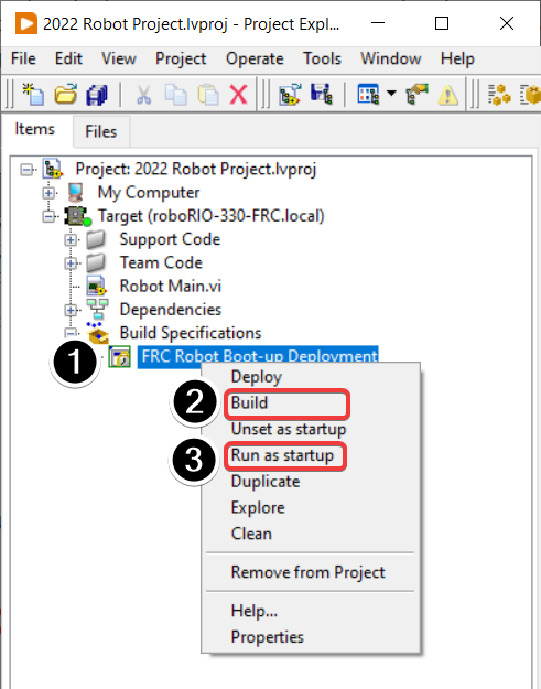 Right clicking on the robot build specification and choosing "build". Then right clicking again and choosing "Run as startup".