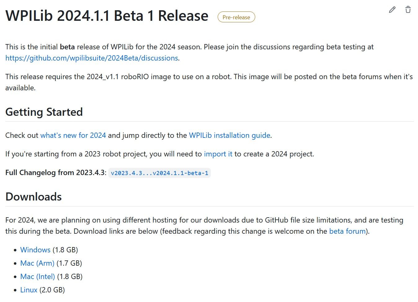 Latest WPILib release page on GitHub