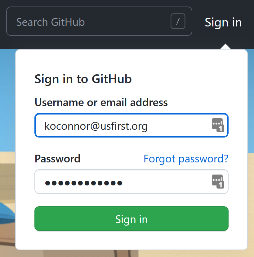 Logging in to the GitHub site.