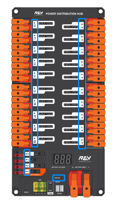 REV Power Distribution Hub with Status LED, and Channel LEDs Highlighted