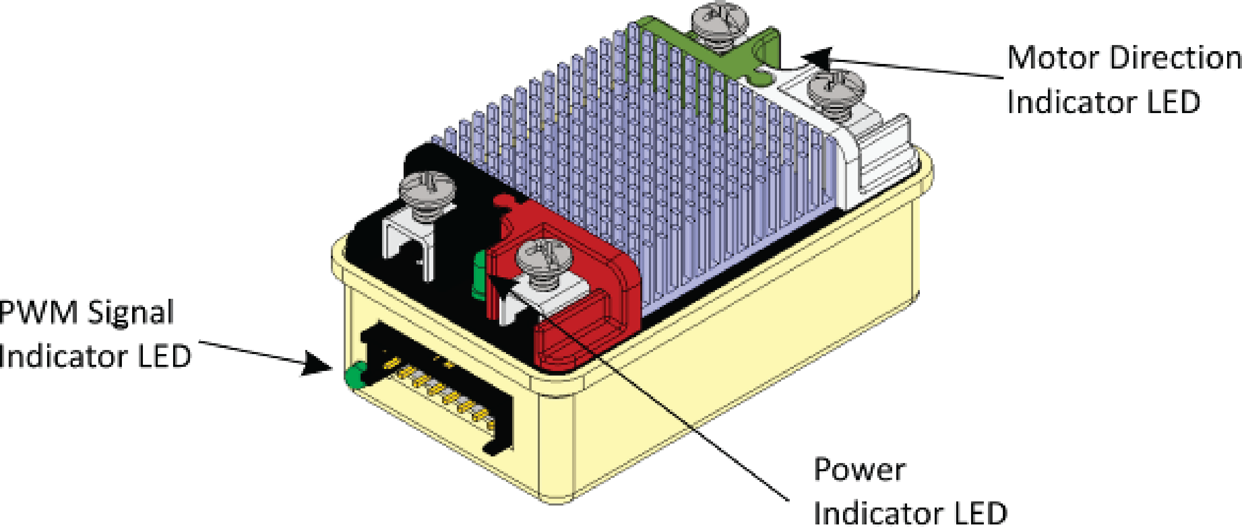 The two LEDs on the top one at each end and the LED on the side next to the connector.