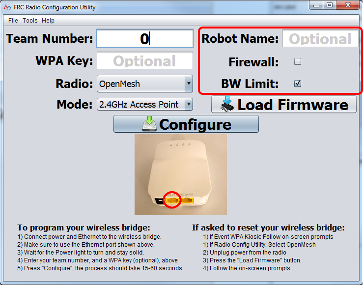 Setting the robot name will change the SSID. The checkboxes make the radio more similar to competition operation.